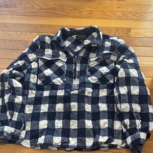 J. Crew Navy and White Buffalo-Check Quarter Zip Pullover